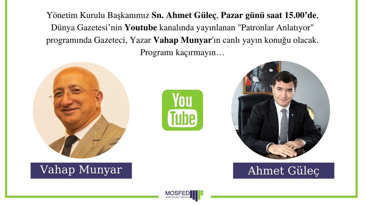 Mobilya Dernekleri Federasyonu Başkanı Sn. Ahmet Güleç, 25 Ekim 2020 Pazar günü saat 15:00'da Dünya Gazetesi'nin Youtube Kanalında ekrana gelen "Patronlar Anlatıyor" programında Vahap Munyar'ın sorularını yanıtlayacak. @gulecahmed <a href="/VahapMunyar/">Vahap Munyar</a>