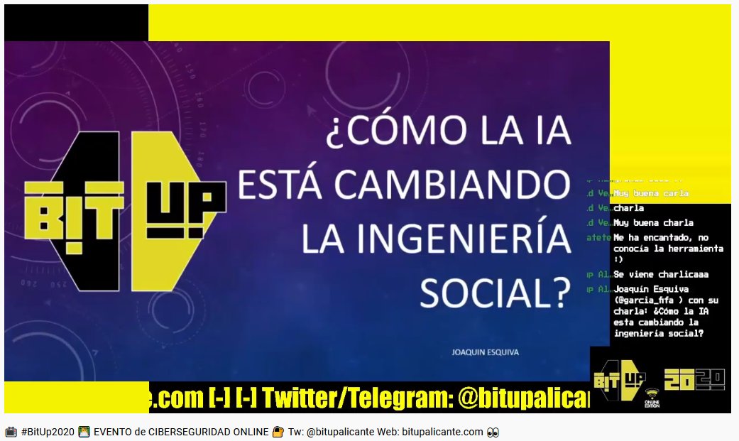 bitupalicante's tweet image. Corre que empieza Joaquín Esquiva (@garcia_fifa ) con su charla: ¿Cómo la IA está cambiando la ingeniería social?

▶️youtube.com/bitupalicante

#Bitup2020 
#ciberseguridad 
#Alicante