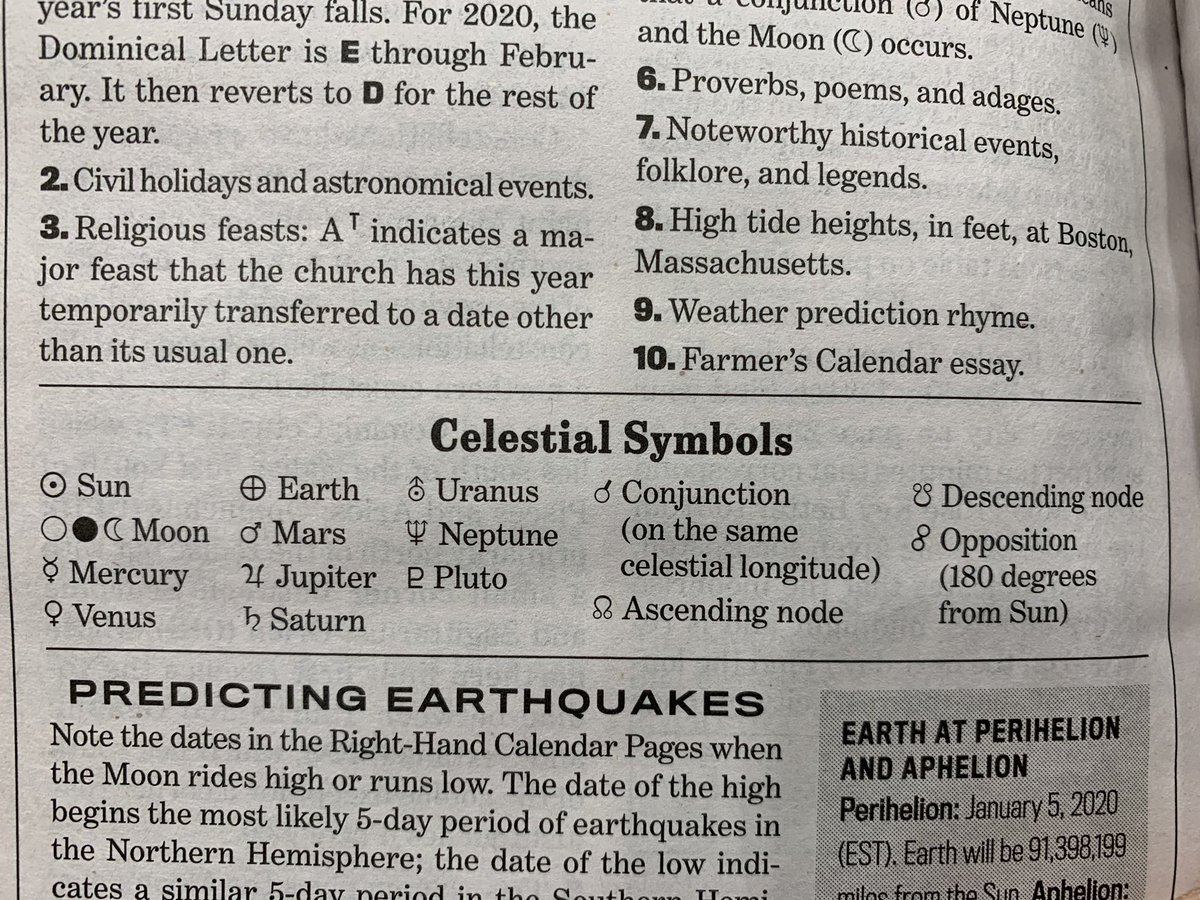 2/ For example, in this 2020 almanac, the list is almost identical those going back to 1800 with only a few changes. 1) It includes Pluto. 2) It avoids calling the objects “planets”. It lumps them together with the lunar nodes and calls them “Celestial Symbols”. I was surprised!