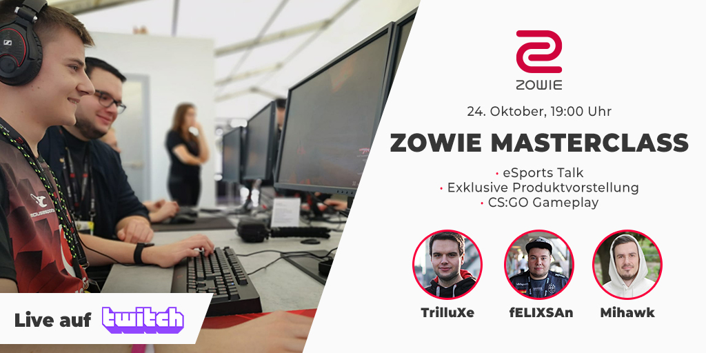 ZOWIE_EU's tweet photo. To our Germany speaking fans: get ready! We go live with our ZOWIE Masterclass in 30 minutes.

🔛https://t.co/ajROTgHBLz

w/@TrilluXe @fELIXSAn92 @legendaryMihawk https://t.co/1xrsCOn3sj