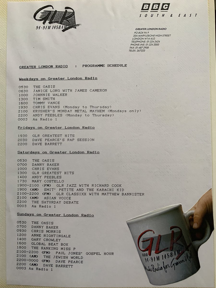 I think this programme schedule is from late 1989, by which time Tim Smith had taken over the afternoon programme and Johnnie Walker had moved forward into the Emma Freud slot. Chris Evans was now doing weekday evenings as well: