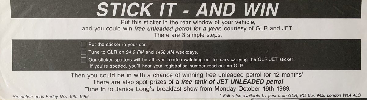 A decidedly un-BBC-like promotion here: Get your car sticker to win a supply of Jet unleaded petrol!