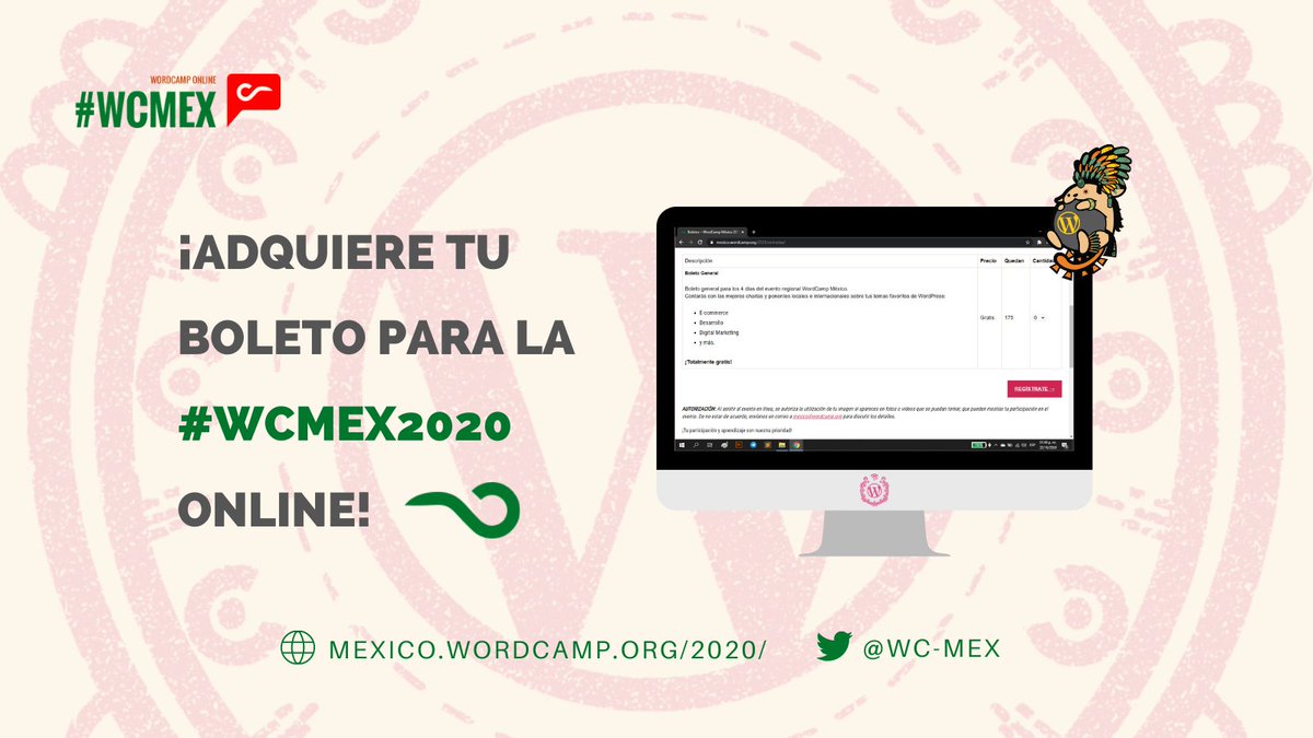 ¡Adquiere tu boleto para la #WCMEX2020 Online! ✉️

¡Participar en un evento inspirador, que reunirá a todo México! 🇲🇽

🎤 Las mejores charlas de ponentes locales e internacionales sobre temas de WordPress.
🌐bit.ly/inscribetewcmex🌐
