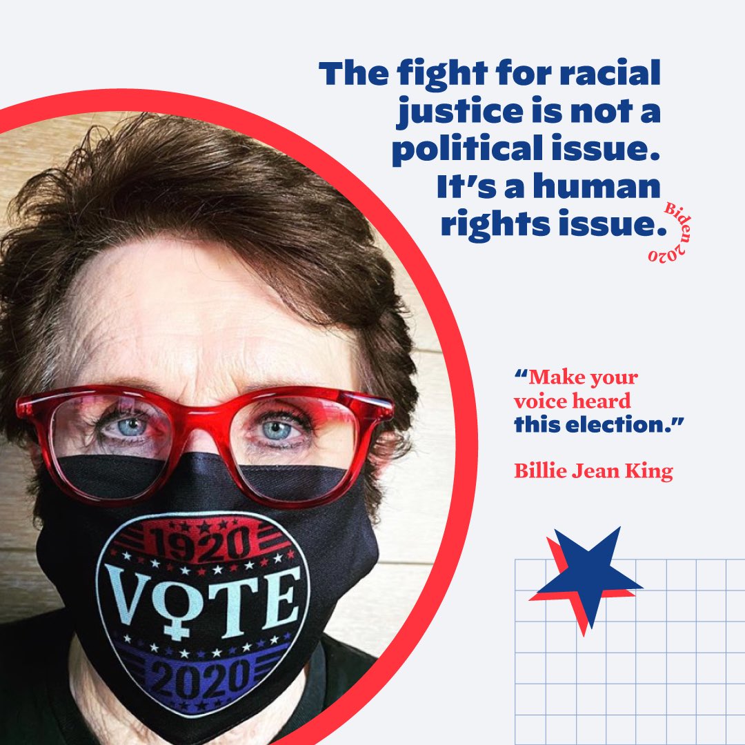 BillieJeanKing's tweet image. Today is the first-ever #VoteEarlyDay, and the perfect time to vote either in person or by mail. If you’re voting in person on Election Day, make your plan today. 

It’s the most important election of our lifetime. Do not sit this one out. 

#ImVotingFor #Vote