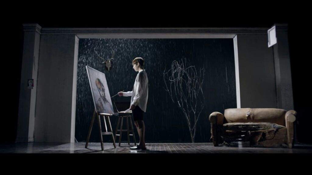 Something intriguing about the painting is that it has colors, colors that have their own flow, like the water. JK's drawings are always on pencil in BU  also something interesting is the rain outside, why the rain?! And why it stops when the cuervos came?!