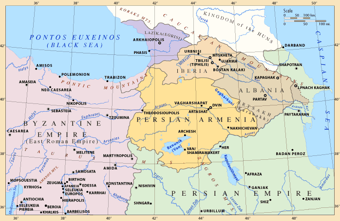 In 387, Armenia was divided between the Roman Empire and Persia, Artsakh, Utik and Paytakaran, ended up in Caucasian Albania's rule, which was a satrapy under the Persian Sasanid Dynasty. This Albanian sovereignty was very brief and lasted roughly 200 years, until the early 7th c