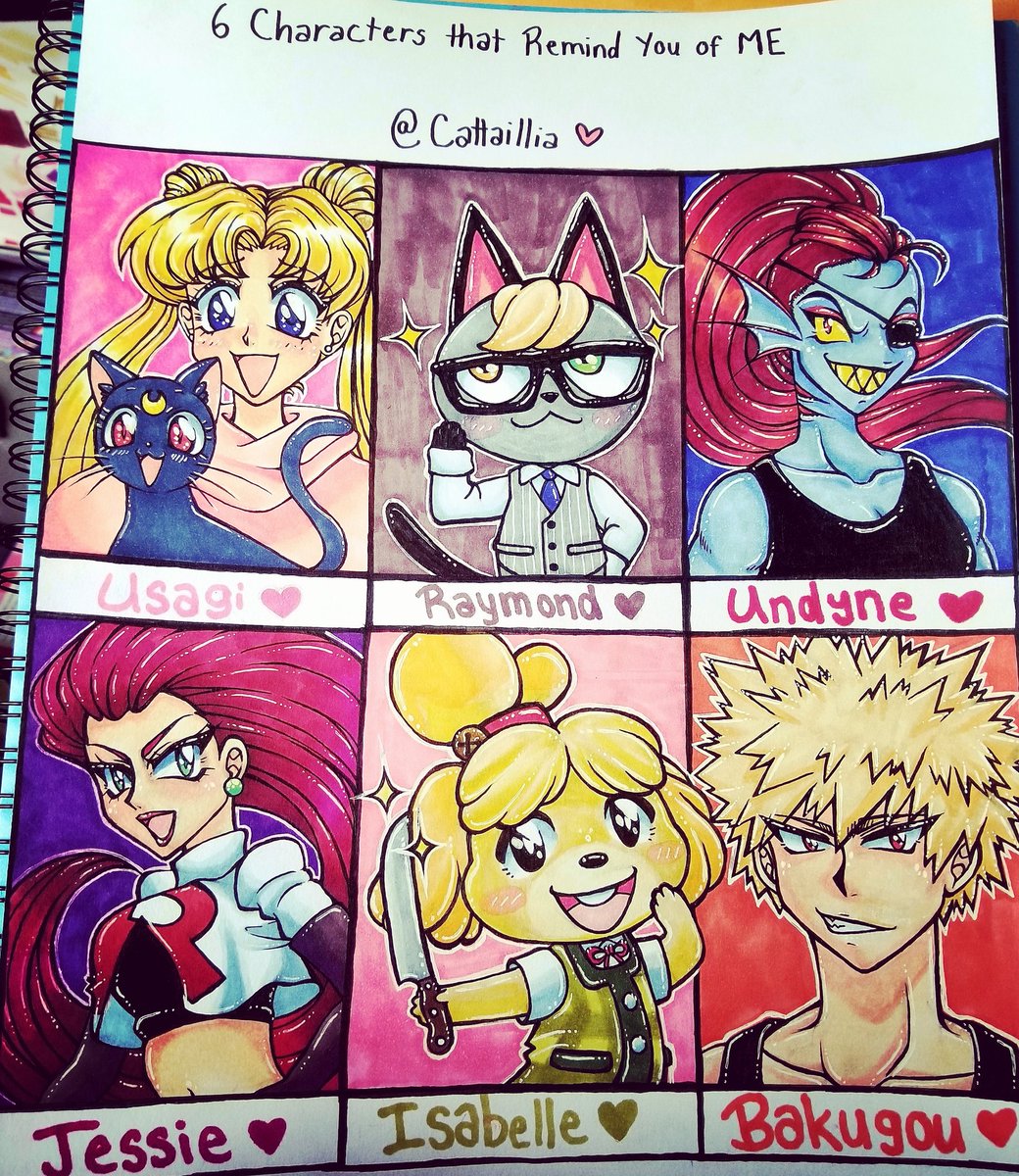 Cattaillia's tweet photo. 6 characters that remind my friends of me ♡ #kawaiiart #kawaiiartist #animalcrossingfanart #isabelleanimalcrossing #raymondanimalcrossing #sailormoon #usagi #pokémonart #teamrocket #undyneundertale #bakugokatsuki #bnha #kacchan https://t.co/jEzNwkaDd7