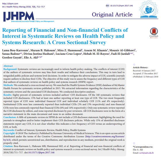 Reporting of #Financial and #Nonfinancial Conflicts of Interest in Systematic Reviews on #HealthPolicy and Systems Research: A Cross Sectional Survey
https://t.co/rC9FxWuhPk
#conflictofinterest #COI #SystematicReview #HealthSystems
https://t.co/7UcWjIdBWB https://t.co/zLTgMe8biW
