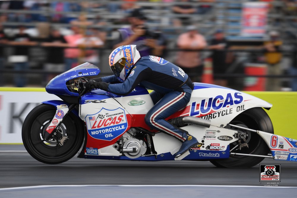 Q2: Hector Arana Jr. continues to show strength on his <a href="/Lucas_Oil/">Lucas Oil Products</a> EBR with his run of 6.919 at 195.82mph. #NHRApsm #LucusArana #SpringNats