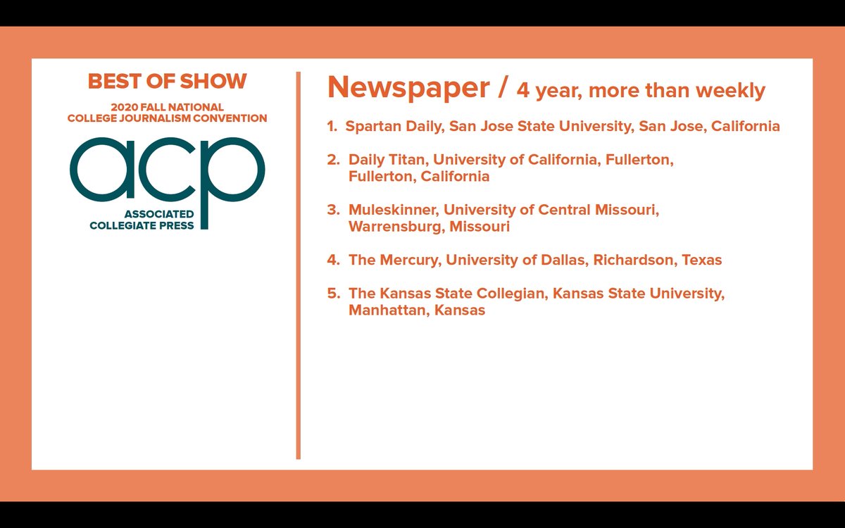 SJSUProfCraig's tweet photo. @SpartanDaily JUST NAMED BEST OF SHOW IN ACP NATIONAL COMPETITION.  FIRST PLACE NATIONWIDE!!! https://t.co/9RBEVS7zmk