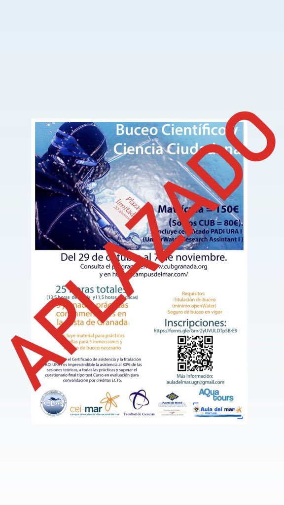cubgranada's tweet photo. Atención: queda aplazado el curso de “Buceo Científico y Ciencia Ciudadana” hasta nuevo aviso debido al estado de confinamiento de Granada y parte de la provincia, lugar de residencia de muchos de los docentes del curso. Estad atentos a nuestras redes para nueva información! https://t.co/VlgCGR93Kw