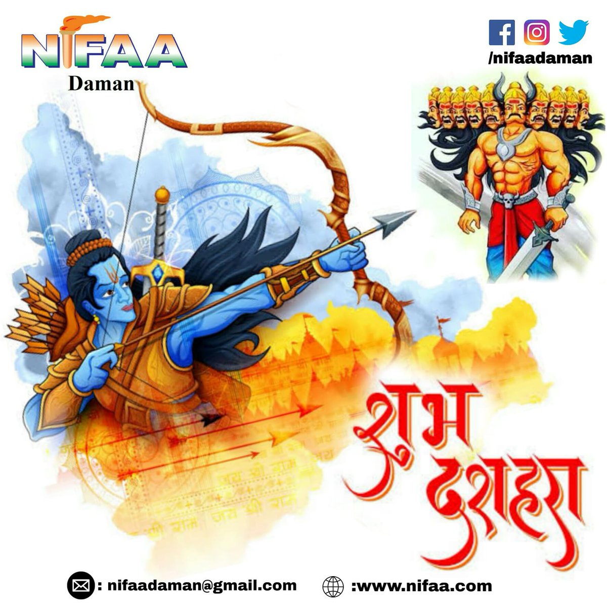 nifaadaman's tweet photo. Happy Dussehra! ✨🙏
Let us individually achieve victory upon our inner evil and hope for a bright year ahead. 
We pray that we will get achieve  victory over this deadly virus too, that too soon. 
#HappyDussehra #happydussehra2020 #NIFAA #NifaaDaman #NIFAAnions https://t.co/M0Ke6iwaYV