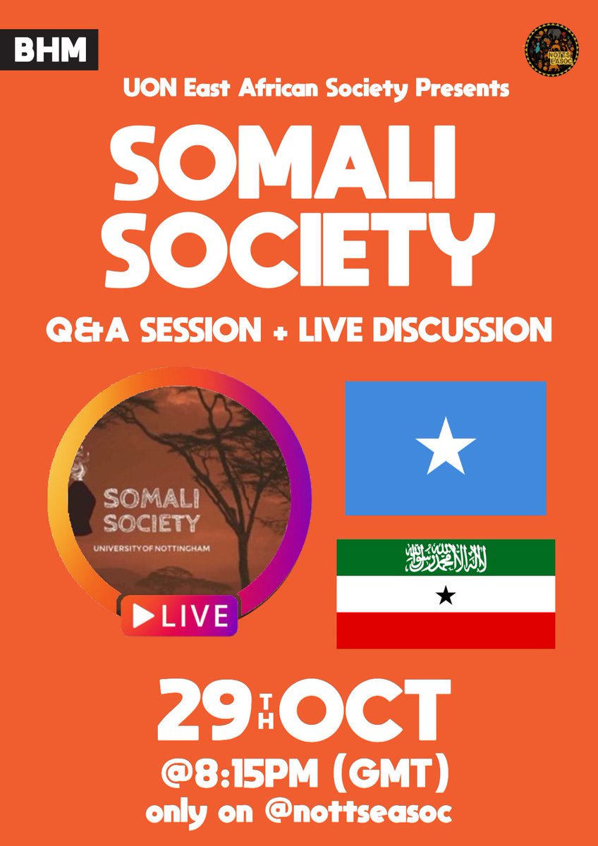 nottseasoc's tweet image. Join us live next week with Somali society as we learn more about the somali culture, language, fashion and their community in general. 

Make sure to tune it to Nottseasoc Instagram next week as we go live with Somali society!