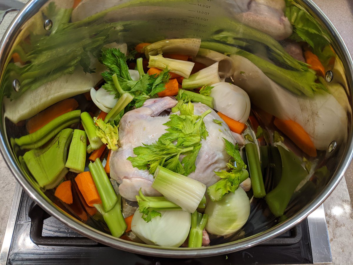 - peel the carrots, but leave in chunks, not diced- celery hearts & leaves are great, but carefully wash the dirt that sticks to the inside- whole chicken+giblets- no salt (yet)- you'll need a f&#$ing giant stockpot. I bought a commercial kitchen one for ~$50