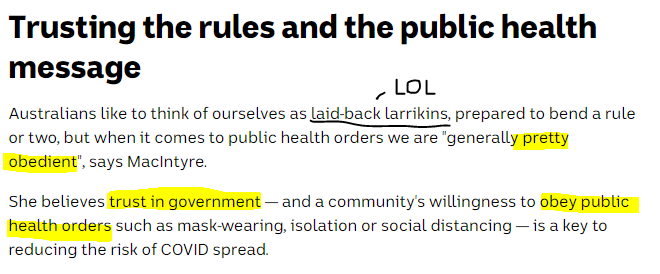 Absolutely we are compliant (the cop nation etc). Even in Melbourne there is general trust for the public health message, at least now we know what happens when people don't listen like Melbourne in June.