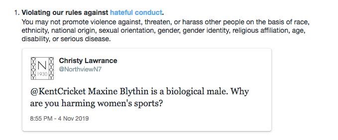 Attached are just a few tweets which illustrate the point, including one in which an account was locked for stating that “only females get cervical cancer," an irrefutable, biological fact. Hundreds more are contained in the excellent thread linked in the next tweet which has 3/6