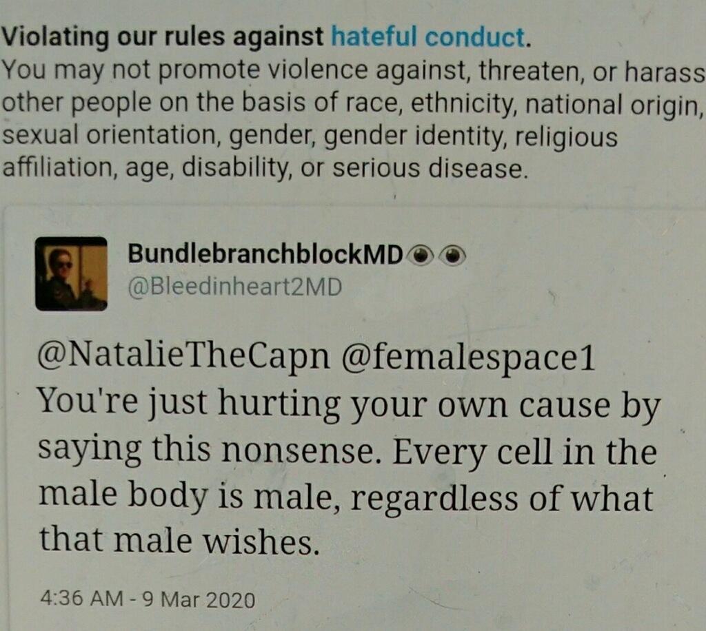 Attached are just a few tweets which illustrate the point, including one in which an account was locked for stating that “only females get cervical cancer," an irrefutable, biological fact. Hundreds more are contained in the excellent thread linked in the next tweet which has 3/6