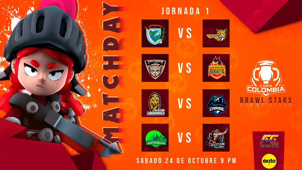 📆 | JORNADA 1

Hoy empezamos la 2da edición de Copa Colombia de Brawl Stars con grandes selecciones que vienen a mostrar su nivel.

Caster: <a href="/tecnobarat/">Tecnobarat</a> 
Canal de YT: youtube.com/user/tecnobara…

Participa por 5$ adivinando los 4 ganadores en esta publicación

Organiza <a href="/fedecoldeNal/">Federación Colombiana de Deportes Electrónicos</a>