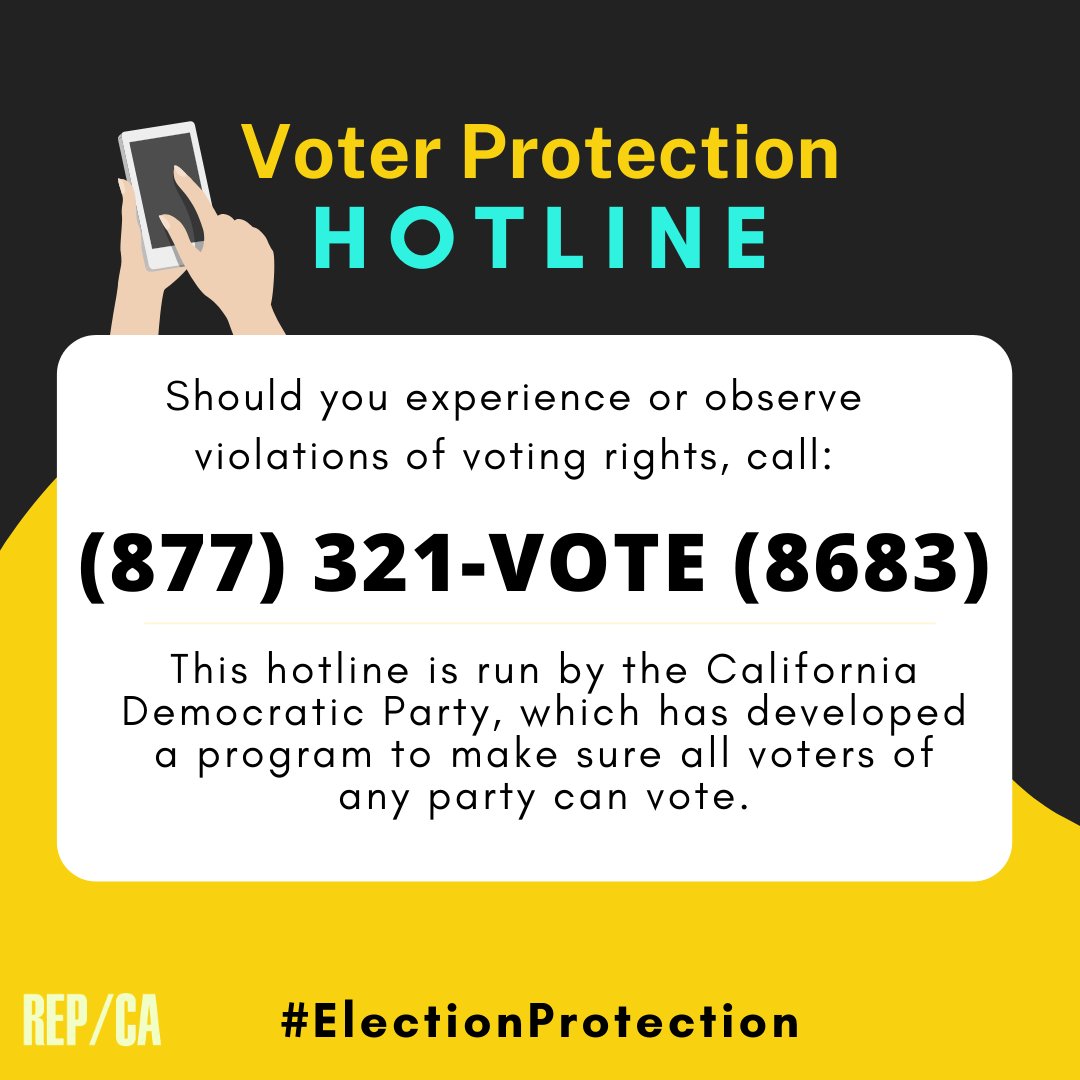 Many voting locations open today in CA. Know your rights. Call the voter protection hotline if you experience or see violations: (877) 321-VOTE (8683). You have the following voting rights. [THREAD] #vote    #vote2020    #VoterSuppression  #VoterIntimidation  #EarlyVoting
