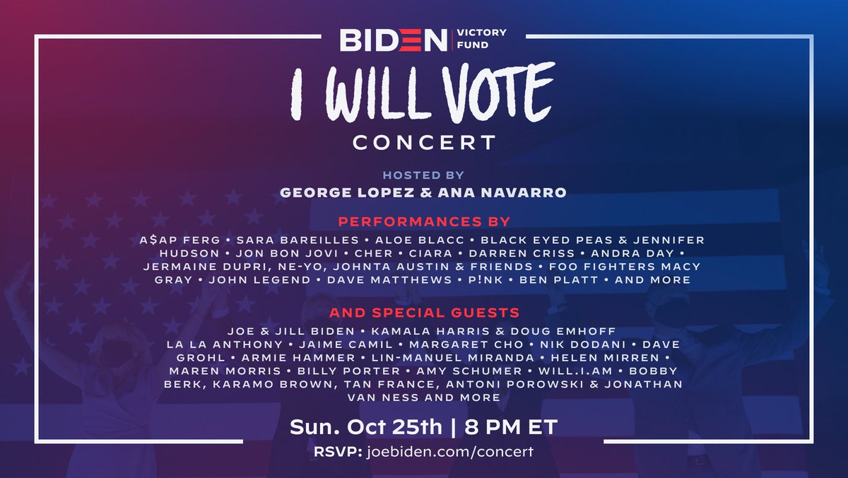 jonbonjovi's tweet photo. I Will Vote (and perform!) in support of @JoeBiden, @KamalaHarris and Democrats across the country. Tune in tomorrow night at 8pm ET. https://t.co/WkPD9joqFy https://t.co/6n5GvEOScB