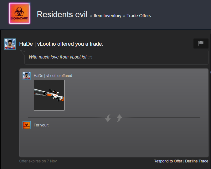 Residentsevil1's tweet photo. @vloot_io Never thought I'd see the day where I would win a gleam giveaway! Thanks for the AWP :D https://t.co/ncUtCAQ1i5