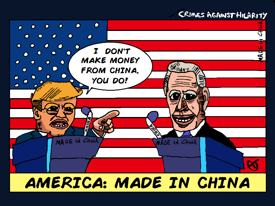 #inktober2020: 'Made in Chyna'
Prompt: #Debates2020 

Pencil & ink coloured in MS Paint

#DebateTonight #PresidentialDebate2020
#inktober #inktober2020day24 #SaturdayThoughts #Trump2020Landslide #BidenHarris2020 #China #USA #webcomic #webcomics #Trump2020 #art #Biden #Trump
