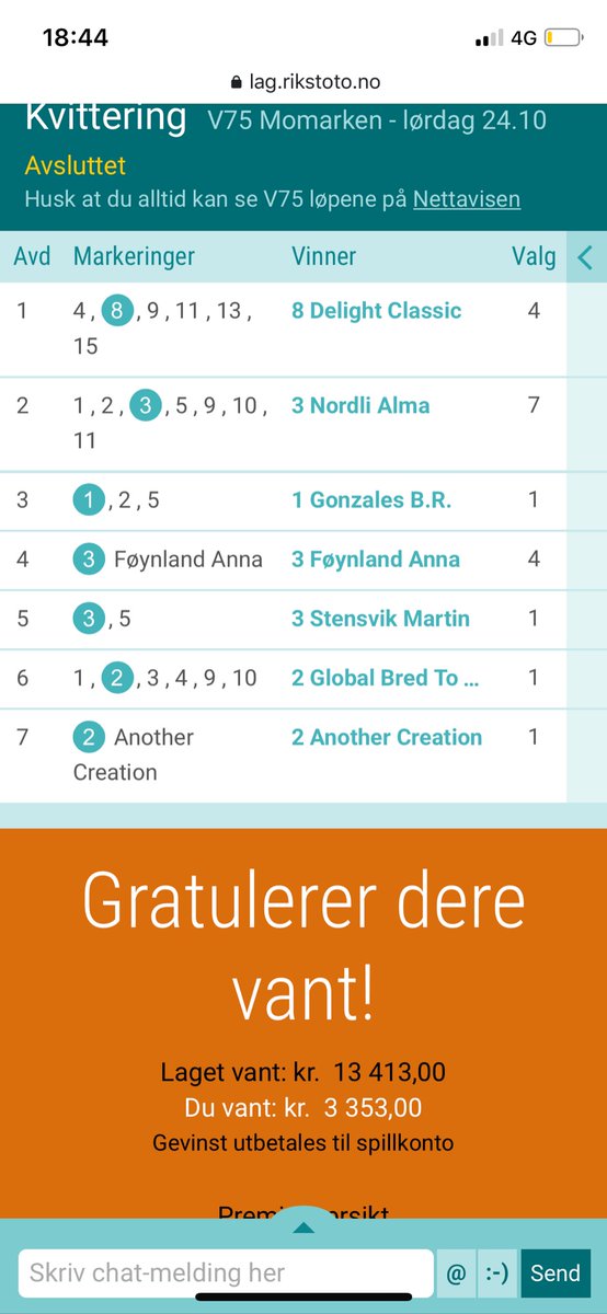MatsCederbrand's tweet photo. Føynlnd Anna var dagens beste spill. Bli gjerne med på vårt lag FerdigDansa for mer morro. Alle har råd til å være med her! https://t.co/6kRiQVBjnc
#stalltips #llv75 #rikstoto #pålag https://t.co/9xWcOvHwXs