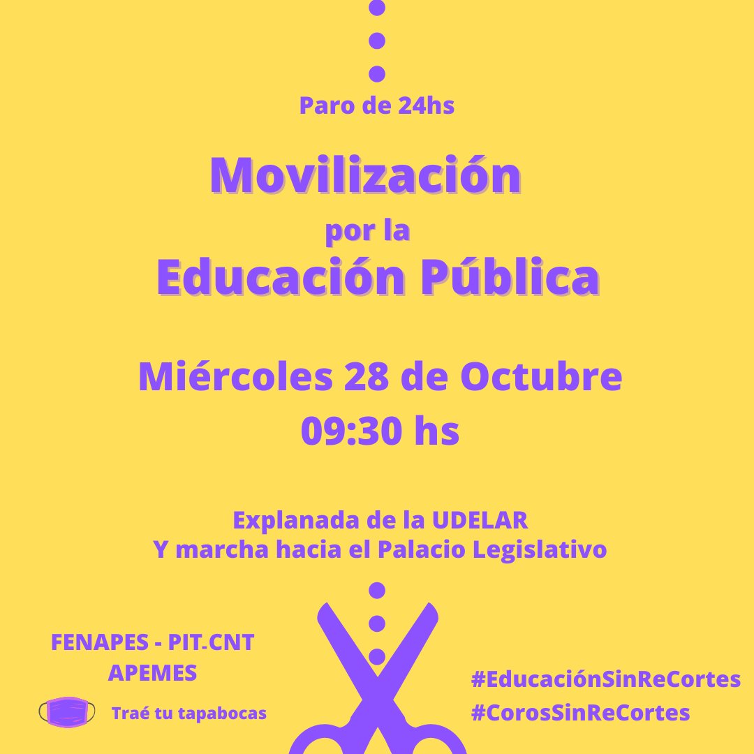 CorosSecundaria's tweet photo. Este miércoles nos adherimos a la movilización para decir NO al recorte en educación. 
@FenapesUruguay
#EducaciónSinReCortes 
#CorosSinReCortes https://t.co/fQfaFkyH6J