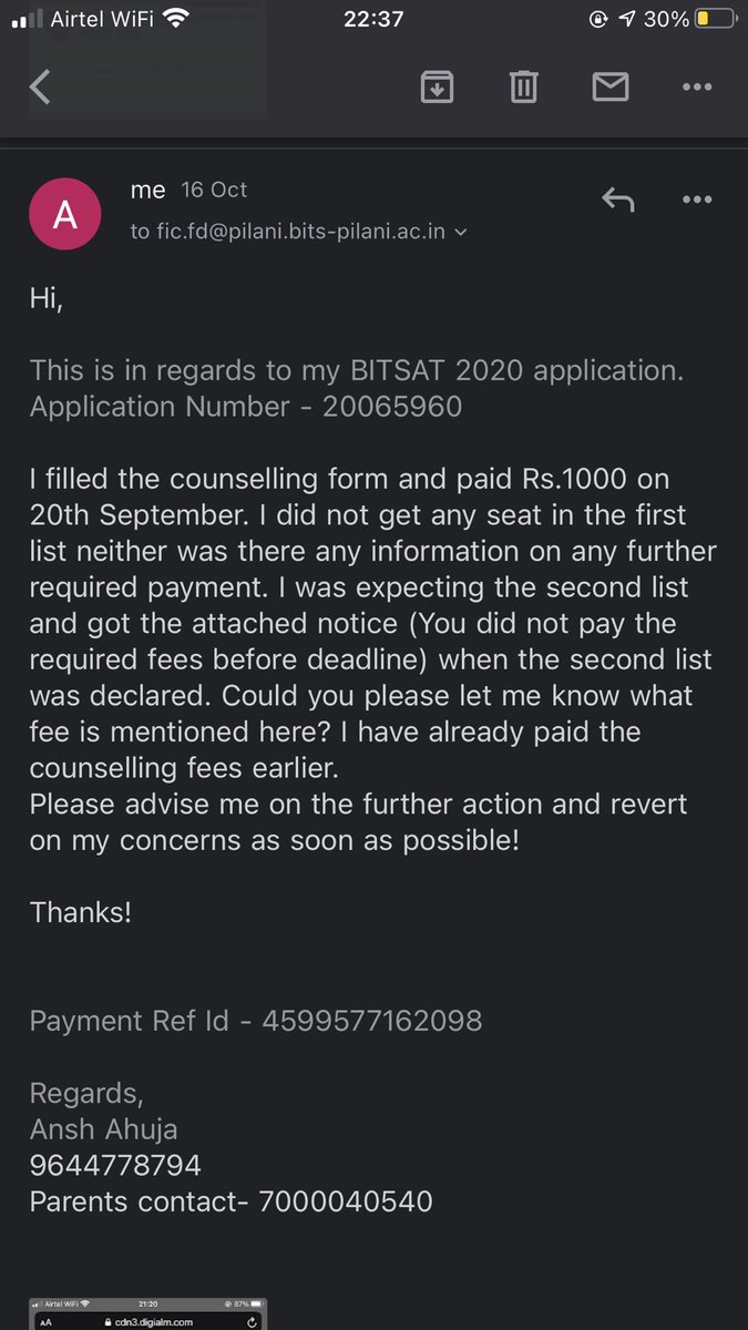anshahuja02's tweet photo. @DrRPNishank @PMOIndia @EduMinOfIndia @bitspilaniindia 

I have been calling the admin multiple times also there is no response to emails.
In this tough time when students are already facing tough times, education industry should avoid ‘not taking things seriously’

PLEASE HELP! https://t.co/mqCu9zeEyt