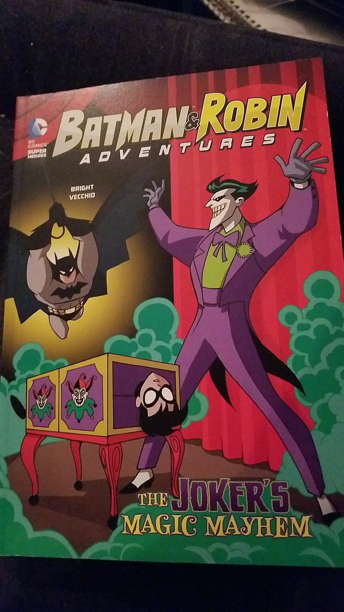 Next: The Joker's Magic Mayhem by  J.E. Bright. It's a fun tale of Batman &amp; Robin set in the BtAS world where the Joker hypnotizes an audience &amp; tries to kill them. This book comes w/ a glossary, discussion questions, &amp; writing prompts. Adding to my tutoring pile! #readathon
