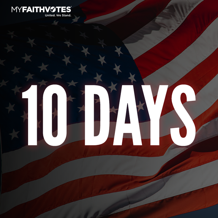MyFaithVotes's tweet photo. Let the final countdown begin––⏰ We have just 10 days left until election day on November 3. Don’t waste your opportunity to influence this nation with your critical vote. 🇺🇸
https://t.co/ijnu1Zj8hr
#PrayThinkVote #Vote2020 #DoGoodGoVote #MyFaithVotes https://t.co/ZXHJSbPVOX