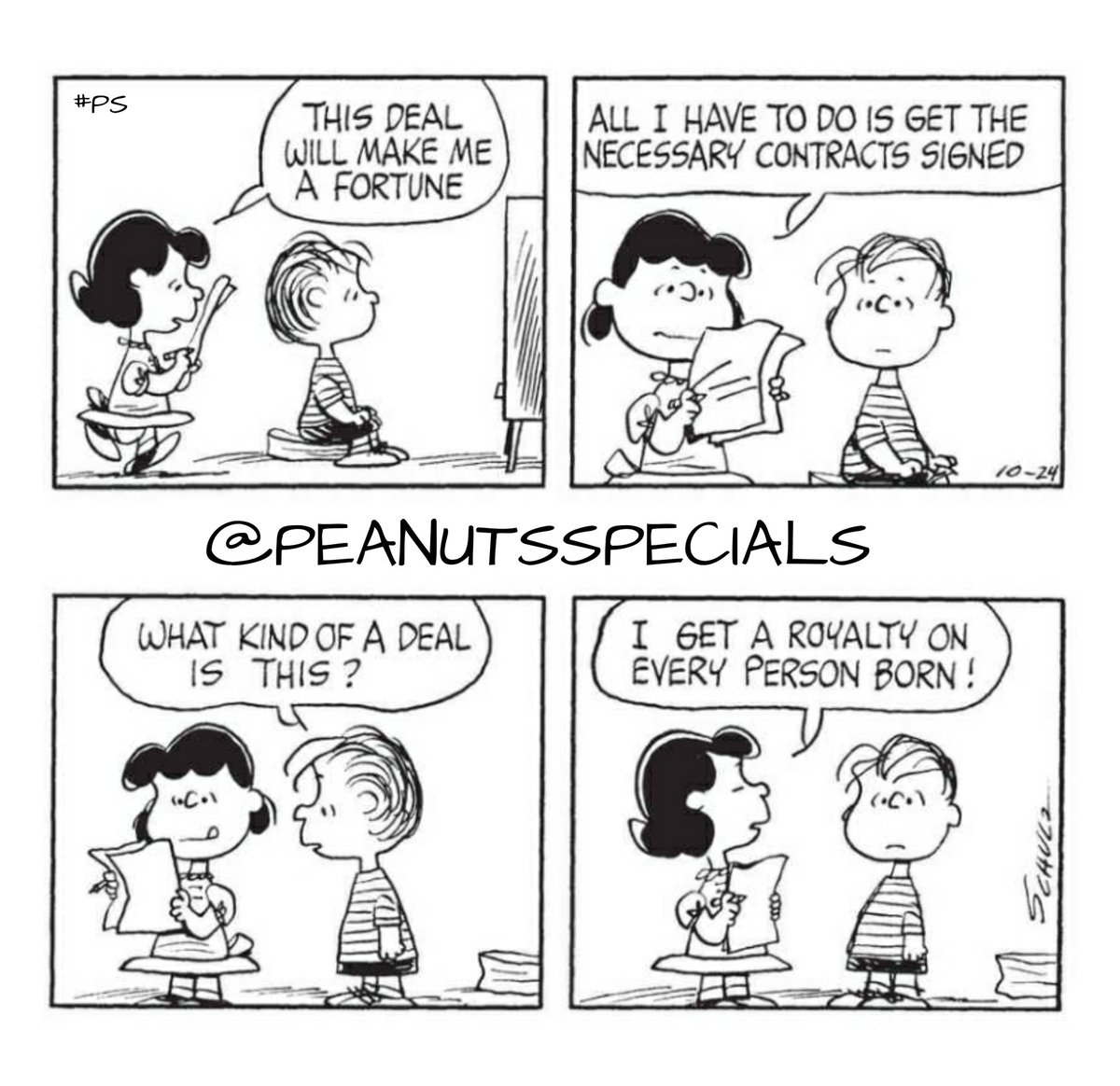 PeanutsSpecials's tweet photo. First Appearance: October 24, 1969
#linusvanpelt #lucyvanpelt #deal #fortune #necessary #contracts #signed #whatkind #royalty #every #person #born #peanutssaturday #peanutsstrong #peanutshome #staysafe #schulz #ps #pnts #peanuts #officialpeanutsspecials #peanutsspecials https://t.co/G3uef2QPDR