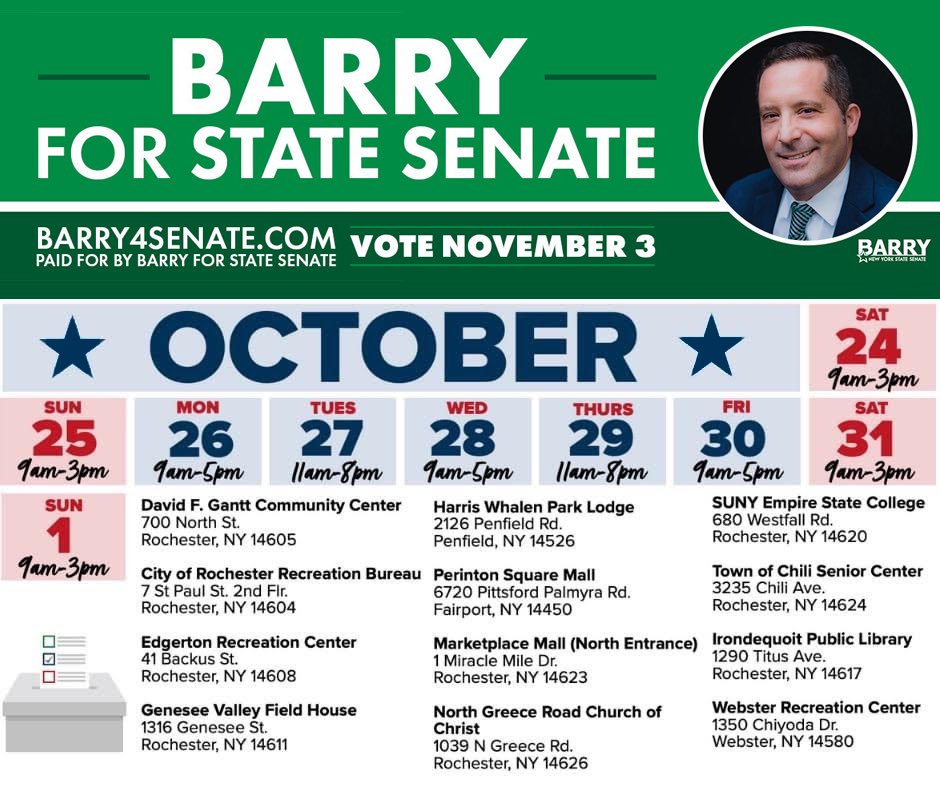 BarryforNY56's tweet photo. Today is the first day for early voting! The 56th District includes Brighton, Clarkson, Gates, Greece, Hamlin, Parma, and The City of Rochester in Charlotte, Historic Maplewood and the UofR. It’s runs from today through 11/1 and Election Day is 11/3. Be sure to make your vote! https://t.co/aPsWBTRCc4