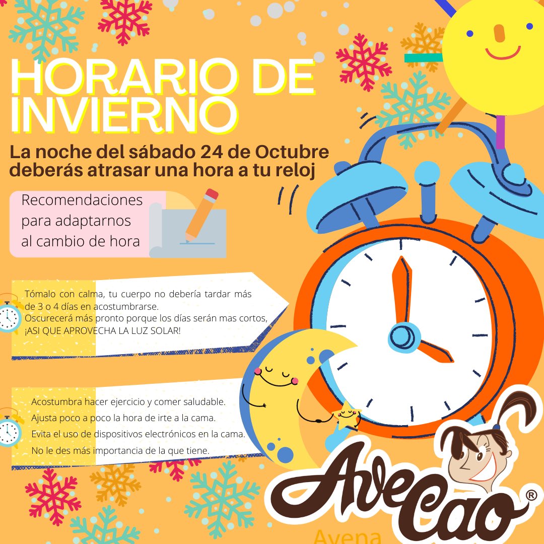 chocolateavecao's tweet photo. A retrasar el reloj!, inicia horario de invierno 2020, hoy antes de irte a dormir recuerda retrasar una hora tu reloj! Por eso Avecao te da las siguientes recomendaciones 😊👍🏻 #FelizSabado #HorarioDeInvierno #CambioDeHorario #AveCao https://t.co/LXMs3BSFsM