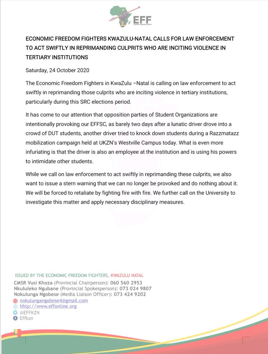 ECONOMIC FREEDOM FIGHTERS KWAZULU - NATAL CALLS FOR LAW ENFORCEMENT TO ACT SWIFTLY IN REPRIMANDING CULPRITS WHO ARE INCITING VIOLENCE IN TERTIARY INSTITUTIONS. @EFFSouthAfrica