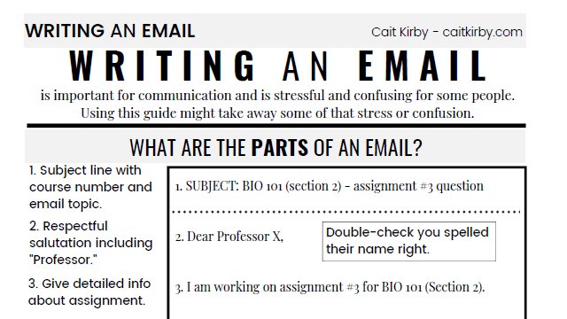 Black text on white background that says: Title: Writing an email. Cait Kirby - caitkirby.com.
Writing an email is important for communication and is stressful and confusing for some people. Using this guide might take away some of that stress or confusion.
1. Subject line with course number and email topic.
SUBJECT: BIO 101 (section 2) - assignment #3 question
2. Respectful salutation including "Professor." Double-check you spelled their name right!
Dear Professor X, 
3. Give detailed info about assignment.
I am working on assignment #3 for BIO 101 (Section 2).

A screen-reader friendly PDF version of this can be found at: http://bit.ly/WritingAnEmailSR.
