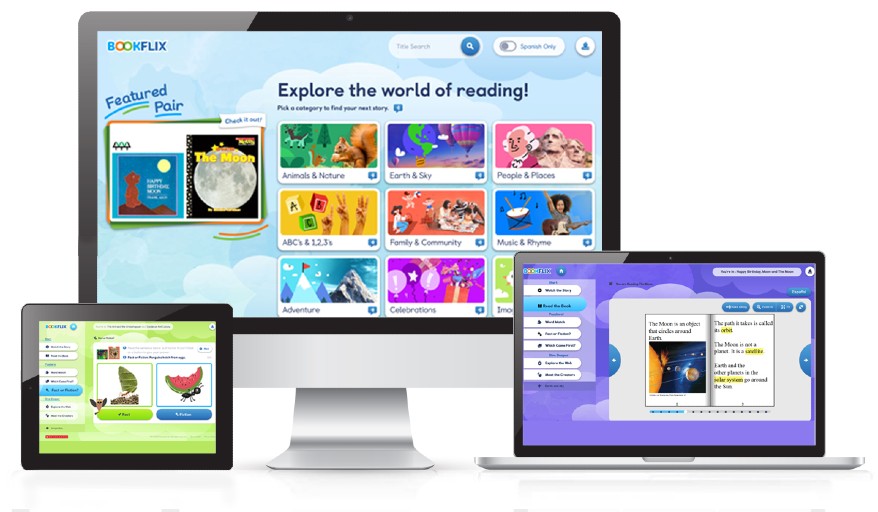 illustration of a a PC desktop and two tablets displaying the Bookflix desktop website. Colorful with many cartoon illustrations