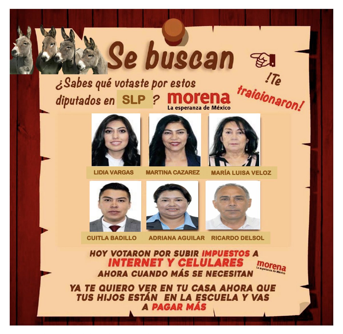 ¡RT MASIVO!

Estos 6 infames diputados federales de Morena son de #SLP, pero se perdieron en la CDMX y se sabe que allá han cometido todo tipo de fechorías como desaparecer fideicomisos, aprobar terrorismo fiscal aumentar el costo del internet y celulares.

¡RT PARA ENCONTRARLOS!