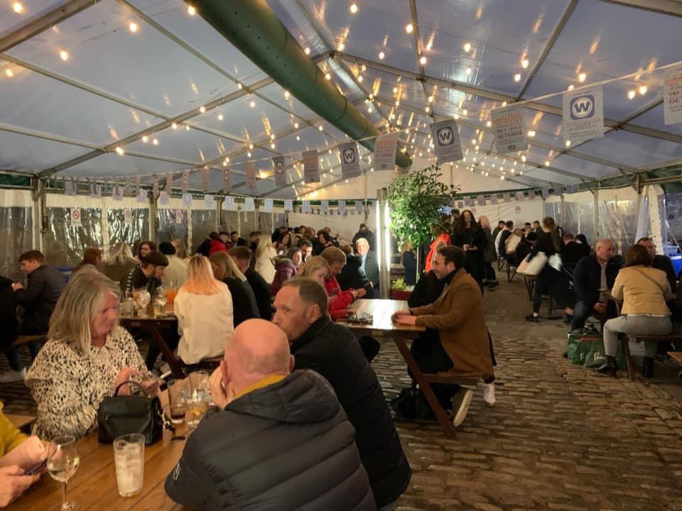 One of the marquees we’ve supplied to Wetherspoons, this particular one is at The Quayside, Newcastle. The weather is miserable outside, raining and blustery, but everybody is having a good time in the marquee, keeping warm and comfortable, thanks to our overhead ducted heating!