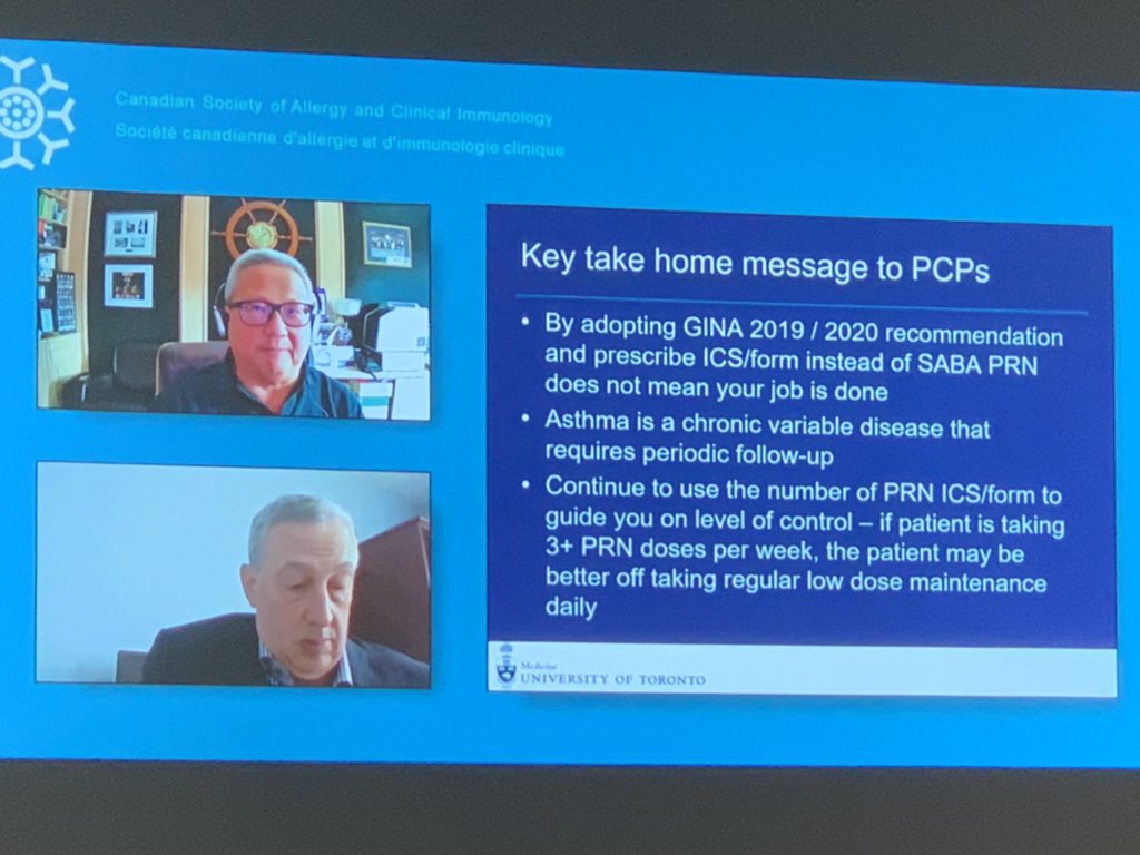 maryjmchenry's tweet photo. Good pro-con debate about the ‘as needed’ PRN use of LABA/ICS (ie Symbicort) for adults with mild intermittent #asthma as per #GINAguidelines but let’s not throw inhaled corticosteroids ‘babies’ out with the bath water! (Dr Chan and Dr Balter) #CSACI20 https://t.co/FuvJwPA4xx