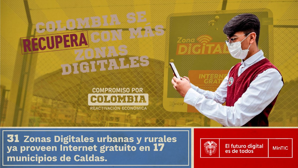 El departamento de Caldas cuenta con 31 #ZonasDigitales urbanas y rurales en 17 municipios que están brindando a sus habitantes Internet gratuito los 7 días de la semana. Además, ¡instalaremos 18 nuevas Zonas Digitales urbanas en 9 municipios! #CaldasSeReactiva https://t.co/kM7YL5h3Vk