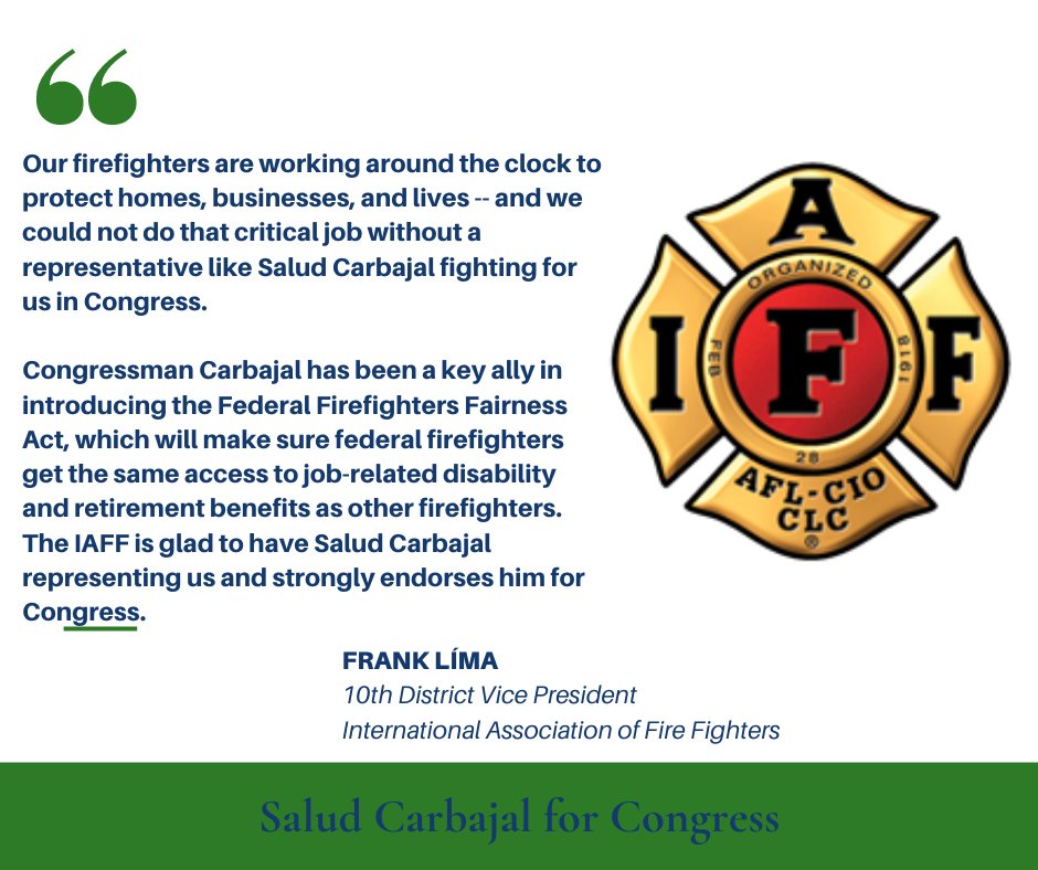 carbajalsalud's tweet image. I could not be more honored to receive the endorsement of the #IAFF. I remain committed to doing all I can to make sure these heroes have the resources they need to do their jobs, be it COVID-19 or unprecedented natural disasters. #UnionStrong