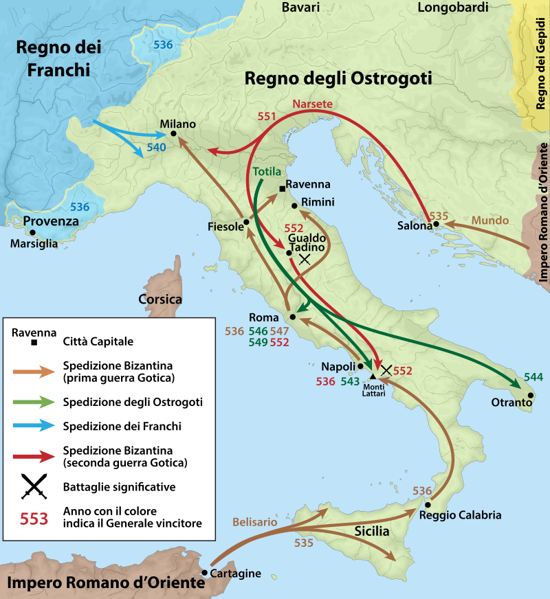 Here's a map showing the forces involved. In green you can see the Ostrogoth kingdom, in blue the kingdom of the Franks, and in brown the Byzantine territories. The arrows of the same colours represent the movement of troops for each player. 6/?