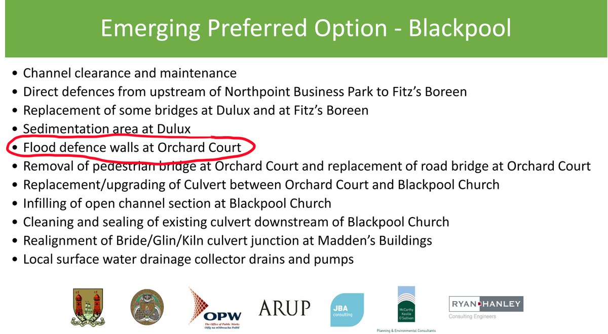 Here's the poster from public information day two in July 2014. Flood defence walls are shown as the emerging preferred option for Orchard Court. If it was dangerous - as OPW now suggest - then it should not have been presented as the emerging preferred option.  #cork