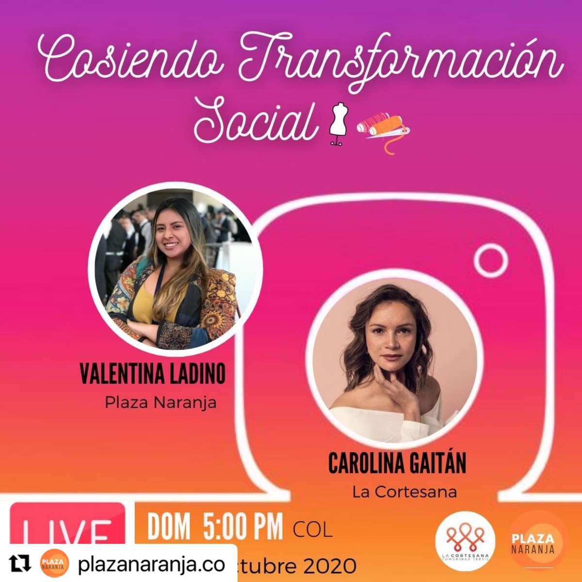 LCortesana's tweet photo. #Repost @plazanaranja
・・・
Este Domingo a las 5:00pm COL no se pierdan nuestro Live de Impacto con la fundadora de @lacortesana. Una de las mujeres más importantes en Colombia en la industia, creadora del primer coworking textil.

COSIENDO TRAMSFORMACIÓN SOCIAL https://t.co/cqReK7aFE2