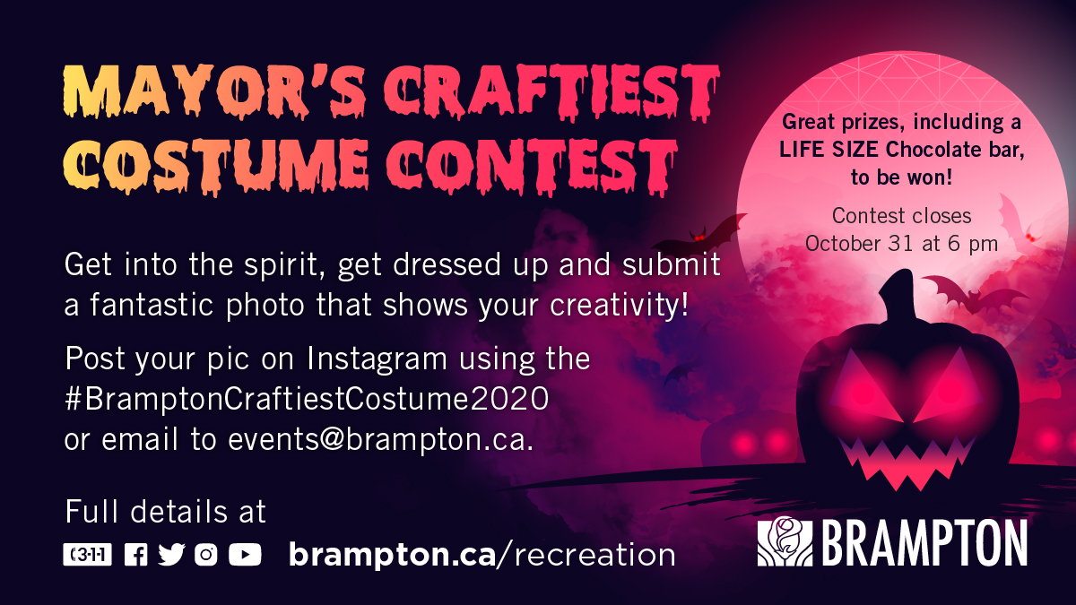CityBrampton's tweet photo. Kids 10 and under can join Mayor @patrickbrownont’s Craftiest Costume Contest this #Halloween in #Brampton! Post a photo of your costume on Instagram using #BramptonCraftiestCostume2020 or send it to events@brampton.ca by Oct 31 @ 6pm. Details and prizes: https://t.co/FIzVmuRHUp https://t.co/Ok5EYMEUEp