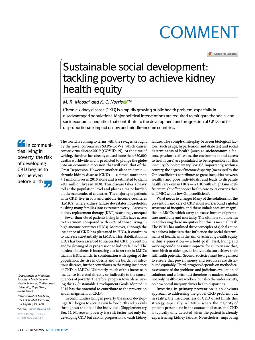  #CKD is a rapidly growing public health problem. Major political interventions are required to mitigate the social &socioeconomic inequities that contribute to the development and progression of CKD. Read M. R. Moosaon  @NatRevNeph on  #UNDay  https://www.nature.com/articles/s41581-020-00342-x  #kidneyhealth