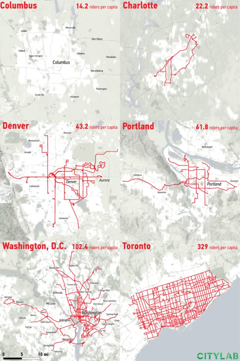 A thread about some of the issues raised by Torontonians on the  @voxdotcom video. I ride TTC and, believe me, I know its limitations. But as these maps show, the level of service in suburban Toronto is fundamentally different from similar US places.  1/