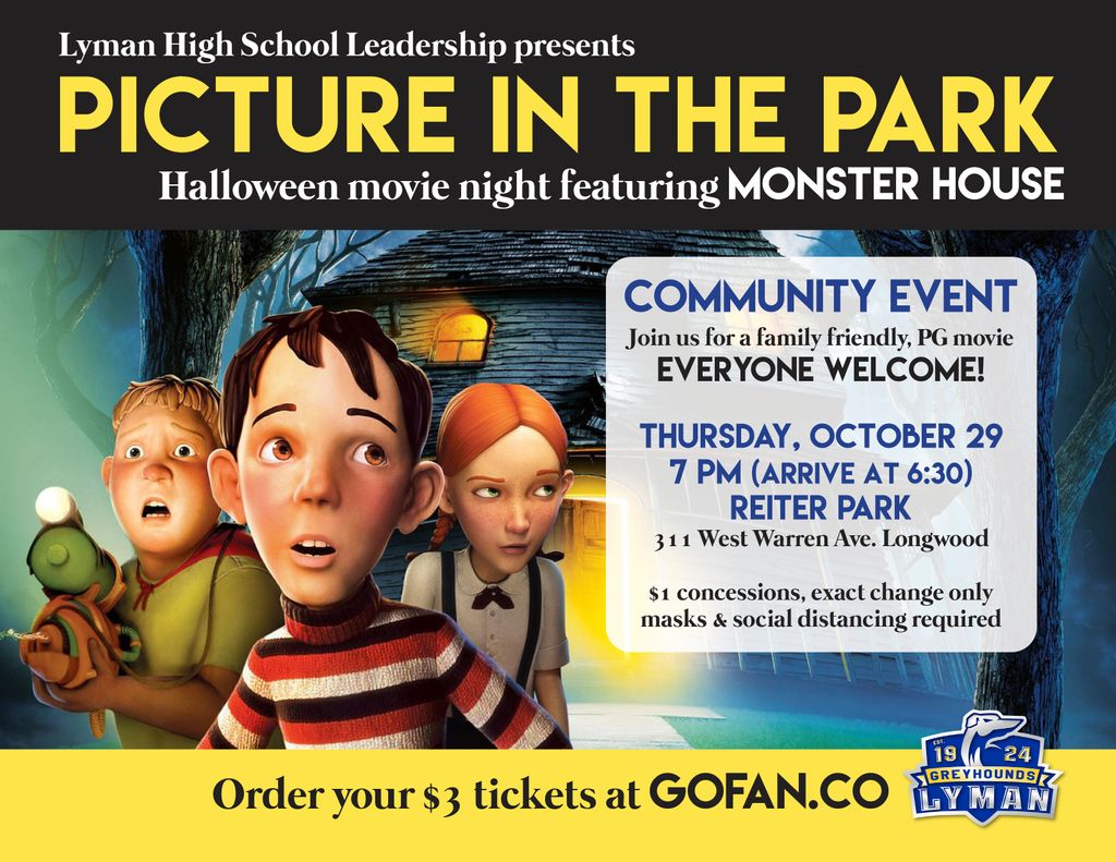 Picture in the Park is a community event featuring Monster House. Join us for a family friendly, PG movie on Thurs, Oct 29 at 7pm (arrive at 6:30) in Reiter Park. $1 concessions. Order your $3 ticket 🎟 Gofan.co | Masks and social distancing required. <a href="/LongwoodFL/">City of Longwood</a>