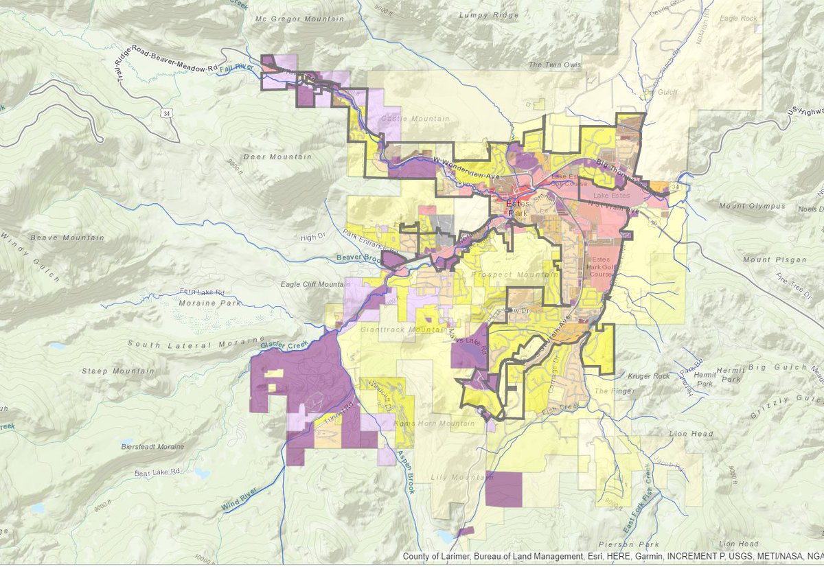 @GreatWinter2017 As of 12:08pm Mountain the #thompsonzone fire is still on Federal property inside RMNP. Estes Town boundary for reference @ai6yrham #EastTroublesomeFire